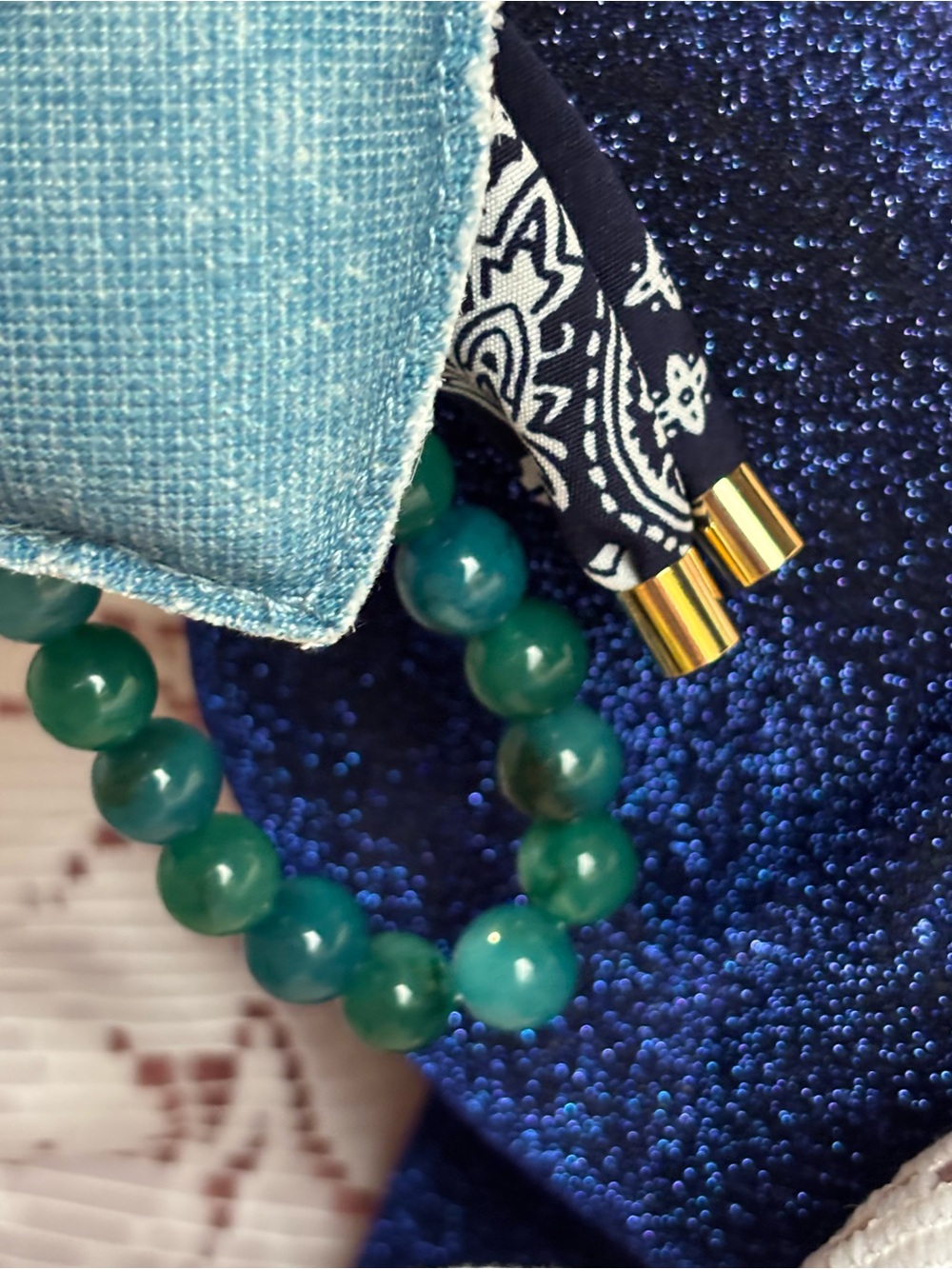 Park Lane Blue Denim Heart Keychain with Teal Bead Strand and Navy Bandana Tie - Picture 9 of 9